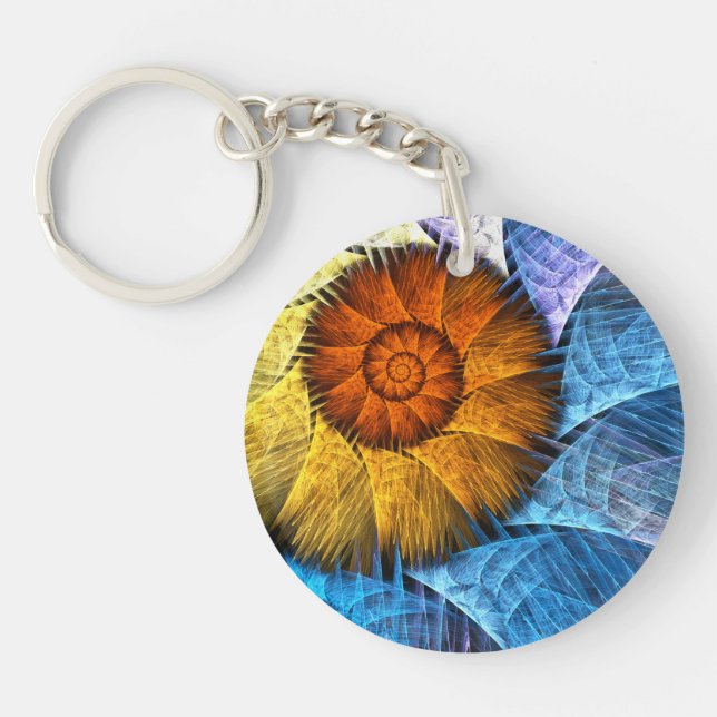 Floral Orange Yellow Blue Abstract Art Key Ring (Front)