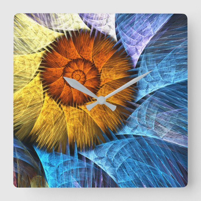 Floral Orange Yellow Blue Abstract Art Square Wall Clock (Front)
