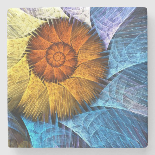 Floral Orange Yellow Blue Abstract Art Stone Coaster (Front)