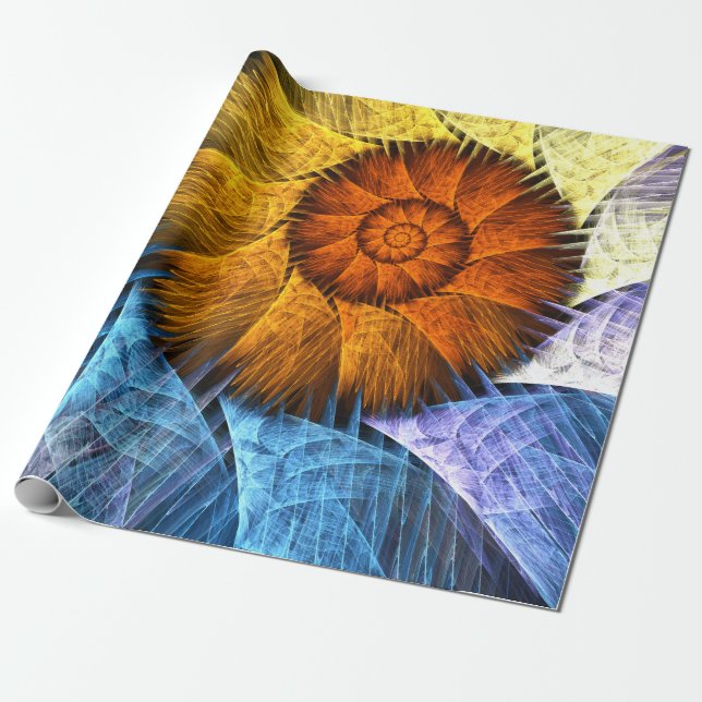 Floral Orange Yellow Blue Abstract Art Wrapping Paper (Unrolled)
