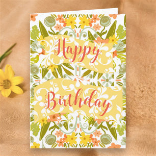 Floral Orange Yellow Original Art Happy Birthday Card