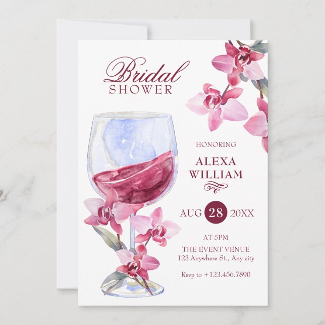 Floral orchid wine watercolor bridal shower invitation (Front)