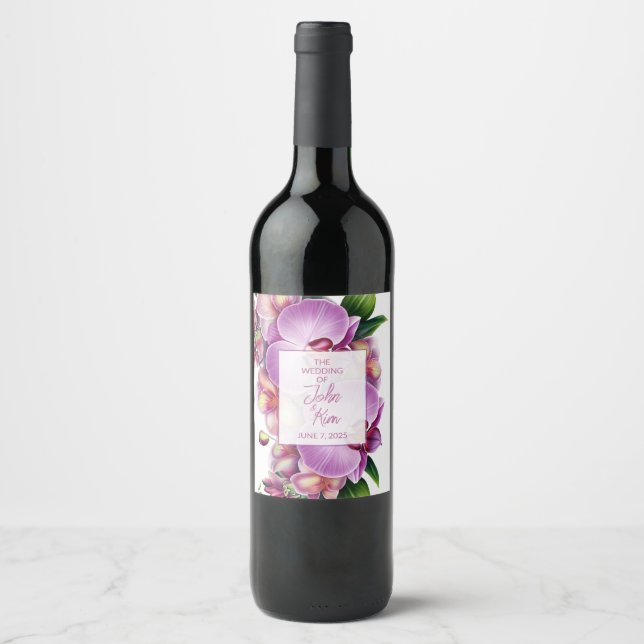 Floral Orchids Wedding  Wine Label (Front)