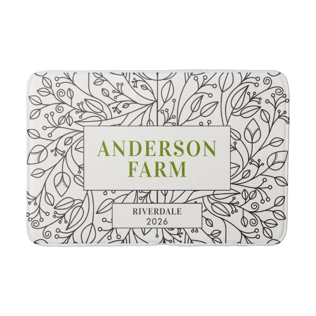 Floral Ornament Family Name, Black and White Bath Mat (Front)