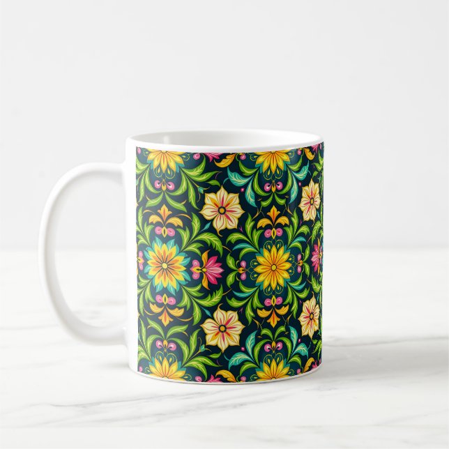 Floral Ornamental Pattern in Vibrant Colours Coffee Mug (Left)