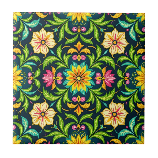 Floral Ornamental Pattern in Vibrant Colours Tile (Front)