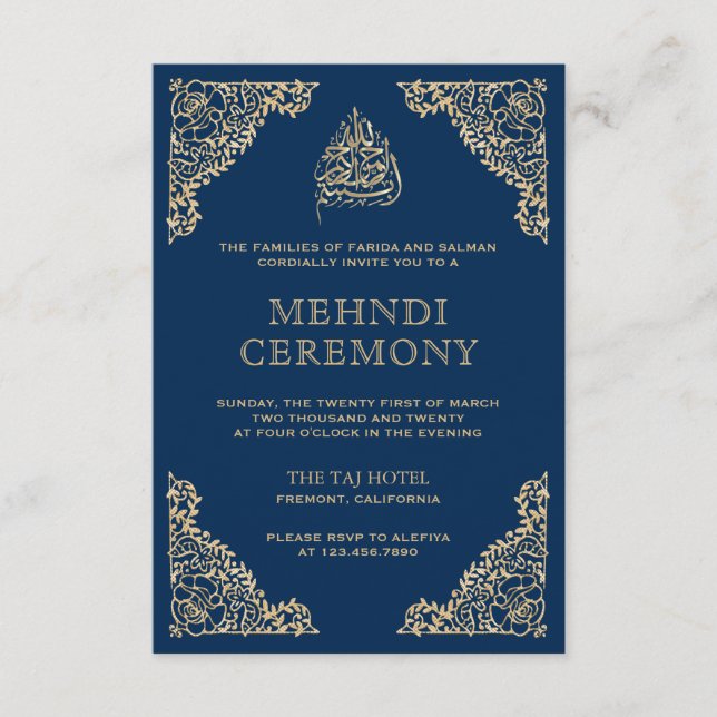 Floral Ornate Blue and Gold Islamic Muslim Mehndi Enclosure Card (Front)