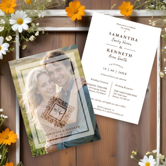 Floral Ornate Frame Diamond Shape Wedding Initials Invitation (Floral Ornate Frame in Diamond Shape with Initials Photo Wedding Invitation Card with Vellum.)