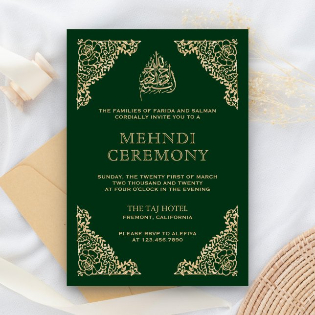 Floral Ornate Green and Gold Islamic Muslim Mehndi Enclosure Card (Creator Uploaded)