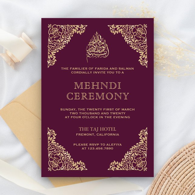 Floral Ornate Plum and Gold Islamic Muslim Mehndi Enclosure Card (Creator Uploaded)