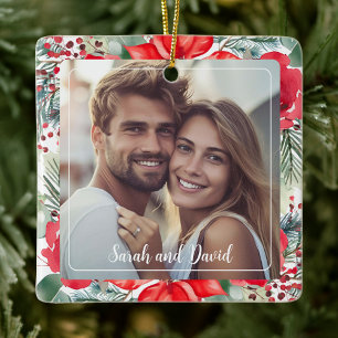 Floral Our First Christmas Engaged  Photo Ornament