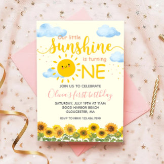 Floral Our Little Sunshine 1st Birthday Sunflower Invitation