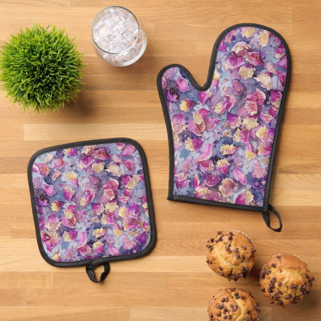 Floral  oven mitt & pot holder set (Top Down)