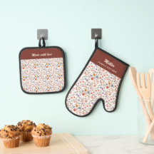 Floral Oven Mitt & Pot Holder Set, Custom Name