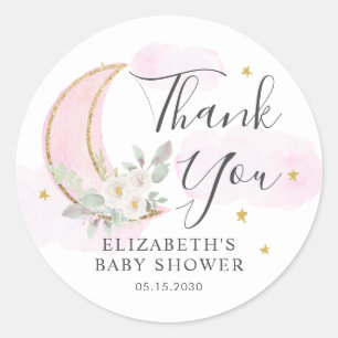 Floral Over the Moon Pink Baby Shower Thank You Classic Round Sticker