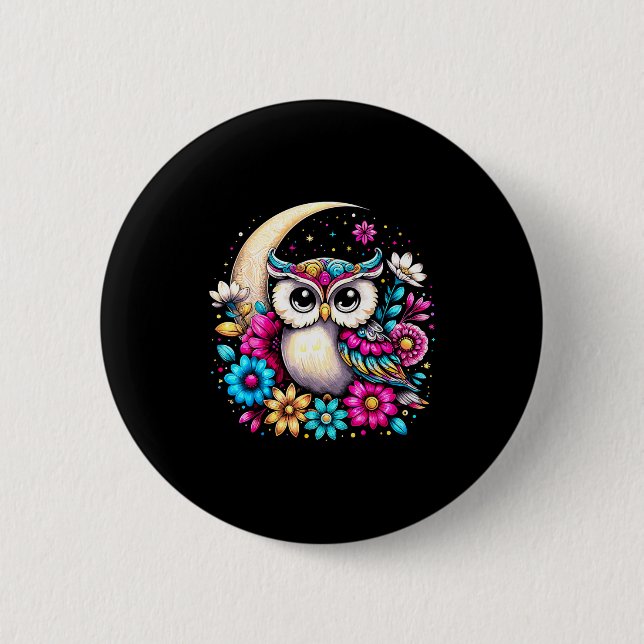Floral Owl And Moon  6 Cm Round Badge (Front)