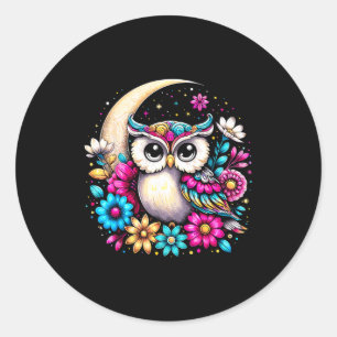 Floral Owl And Moon  Classic Round Sticker