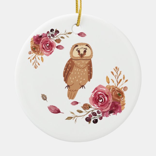 Floral Owl  Ceramic Tree Decoration (Front)