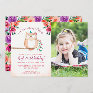 Floral Owl Photo Birthday Invitation