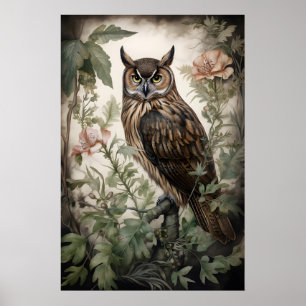Floral Owl Portrait Print, Dark Academia, Gothic Poster