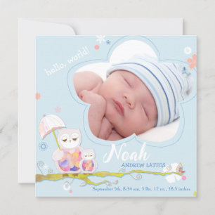 Floral Owls Blue Baby Boy Photo Birth Announcement