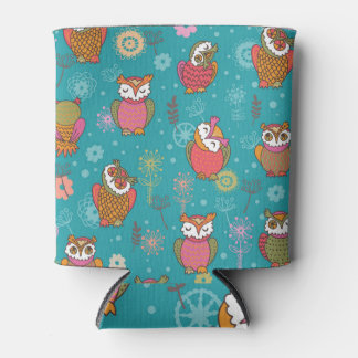 Floral Owls: Hand Drawn, Seamless. Can Cooler