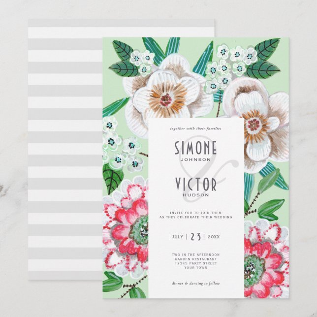 Floral painted green greenery elegant wedding invitation (Front/Back)