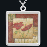 Floral Painting with Visible Brush Strokes Silver Plated Necklace<br><div class="desc">The brush strokes are visible in this floral painting by Chariklia Zarris. Two red flowers sit in the middle of the piece with grass on the bottom and a few leaves floating at the top. A whimsical scene that would make a great gift!</div>