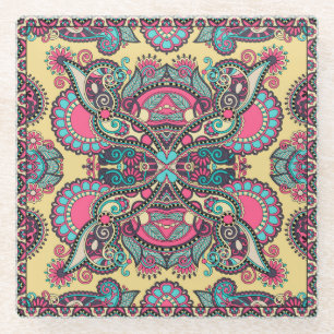 Floral Paisley Bandanna: Traditional Ornamental Glass Coaster