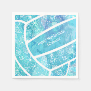 Floral paisley feather doodle turquoise volleyball napkin