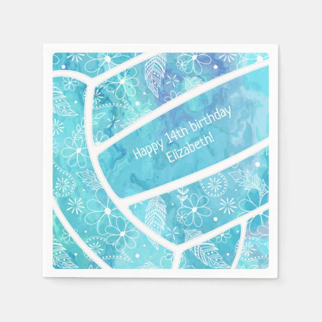 Floral paisley feather doodle turquoise volleyball napkin (Front)