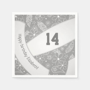 Floral paisley feathers doodles grey volleyball napkin