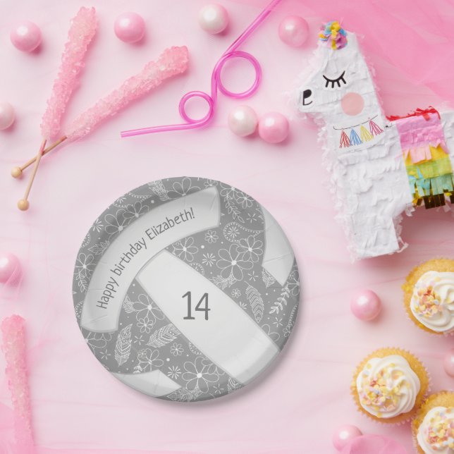 Floral paisley feathers doodles grey volleyball paper plate (Party)