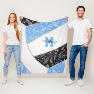 floral paisley feathers lt blue black volleyball  fleece blanket