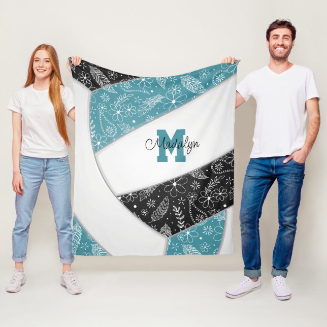 floral paisley feathers teal black boho volleyball fleece blanket (In Situ)
