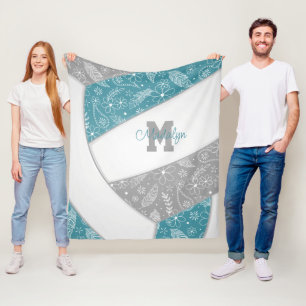 floral paisley feathers teal grey boho volleyball fleece blanket