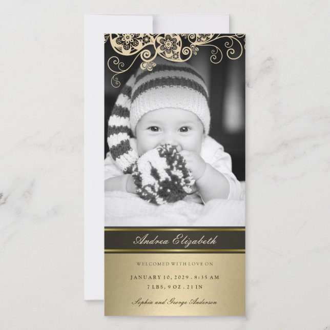 Floral Paisley Gold Birth Announcement Photo Card (Front)