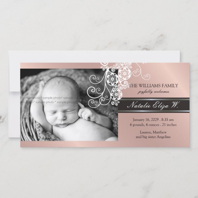 Floral Paisley White Birth Announcement Photo Card (Front)