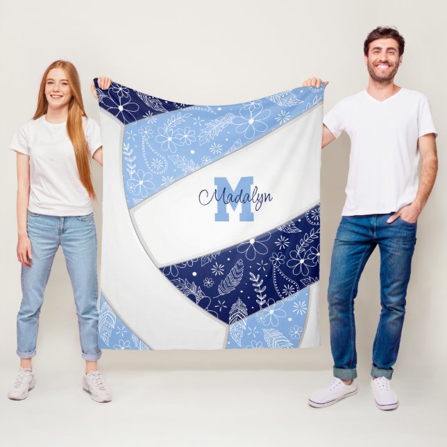 floral paisleys navy light blue volleyball fleece blanket (In Situ)