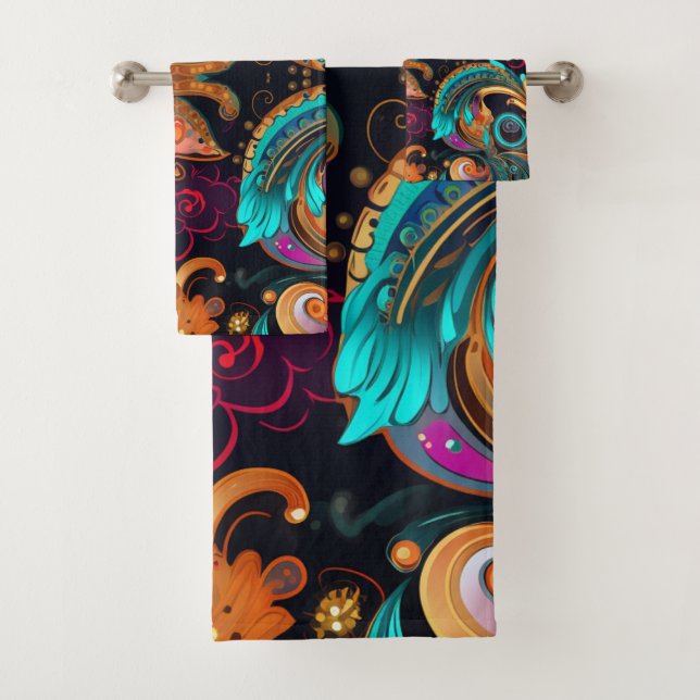 Floral Paisly Swirls Bold Colourful Bath Towel Set (Insitu)
