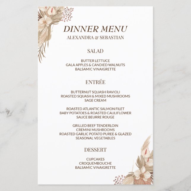 Floral Pampa Grass Wedding Dinner Menu (Front)