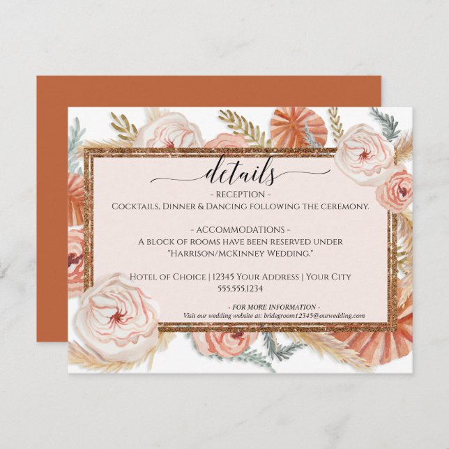 Floral Pampas Foliage Burnt Orange Wedding Details Invitation (Front/Back)