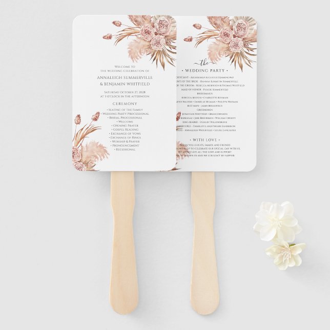 Floral Pampas Grass Botanical Wedding Program Hand Fan (Front and Back)