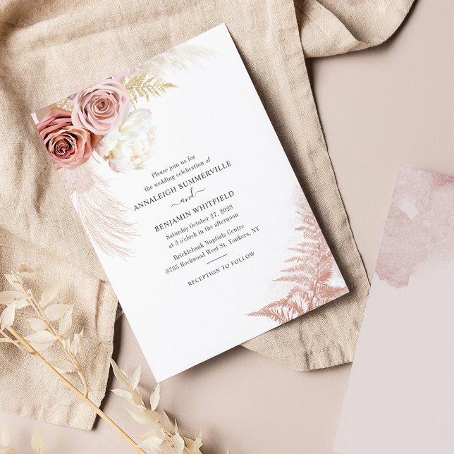 Floral Pampas Grass Terracotta Script Wedding Invitation (Pampas Grass Terracotta Floral Wedding Invitation)