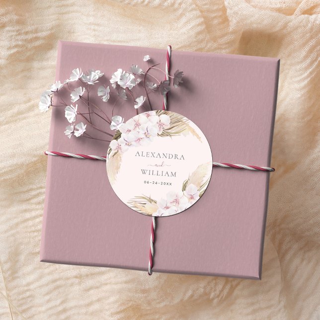 Floral Pampas Grass Tropical Wedding Classic Round Sticker (Creator Uploaded)
