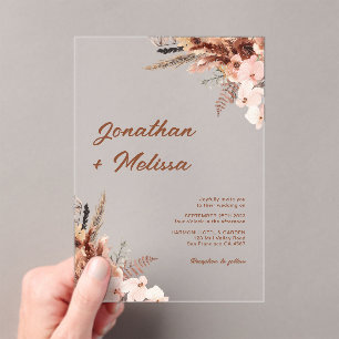 Floral Pampas Rustic Terracotta Script Wedding Acrylic Invitations