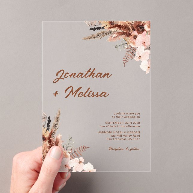 Floral Pampas Rustic Terracotta Script Wedding Acrylic Invitations (Insitu (Handheld))