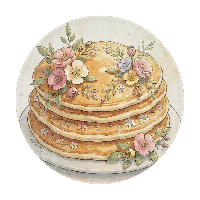 Floral Pancake Stack Watercolor Cutting Board (Front)