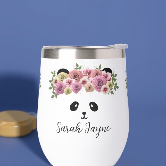Floral Panda Bear Girl Name Thermal Wine Tumbler (A pretty panda thermal tumbler with space for your name)