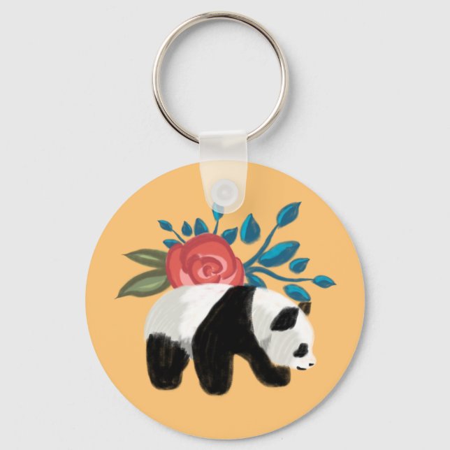 Floral Panda with Rose on Peach Key Ring (Front)
